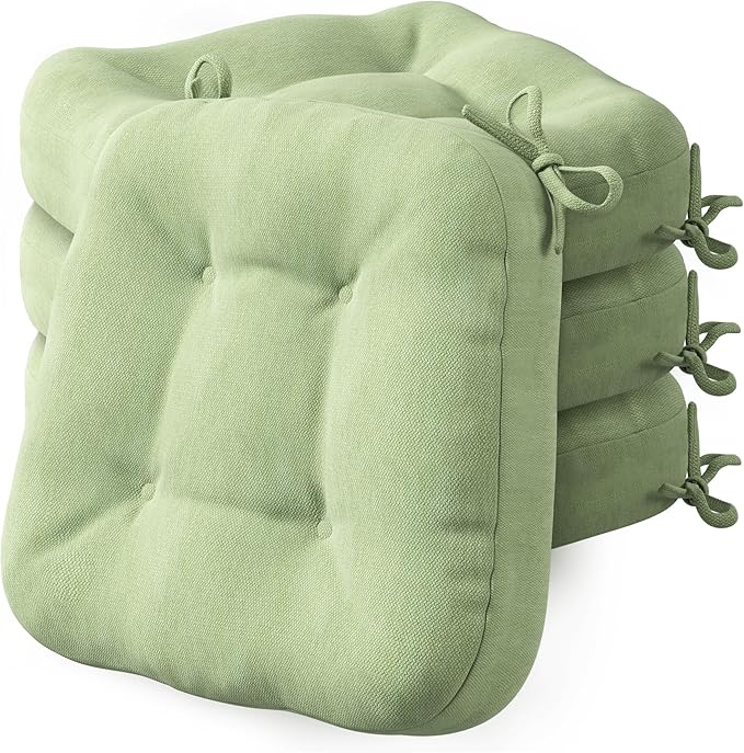 Codi Dining Chair Cushions 4 Pack, Thick Chairs Pads for Indoor Kitchen Room - Washable, Non-Slip Memory Foam Seat Cushion with Ties, 16.5"x16.5"x 3.5", Set of 4, Sage New