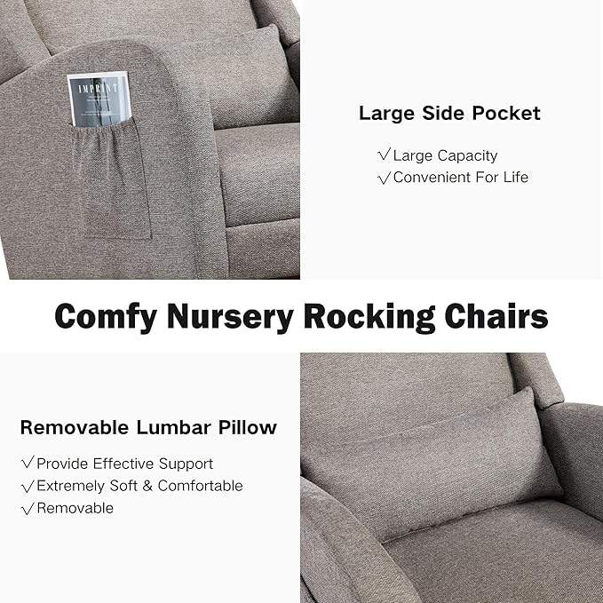 Chifee & Vingol Rocking Chair Nursery with Foot Rest & Pillow,Polyester,Light Grey