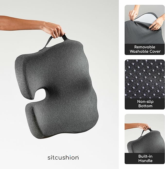 SitCushion Ergonomic Seat Cushion for Sciatica & Tailbone Pain Relief – Extra Large Memory Foam Office Chair Cushion for Long Sitting, Orthopedic Coccyx Cushion for Desk Chair, Car & Wheelchair(Black)