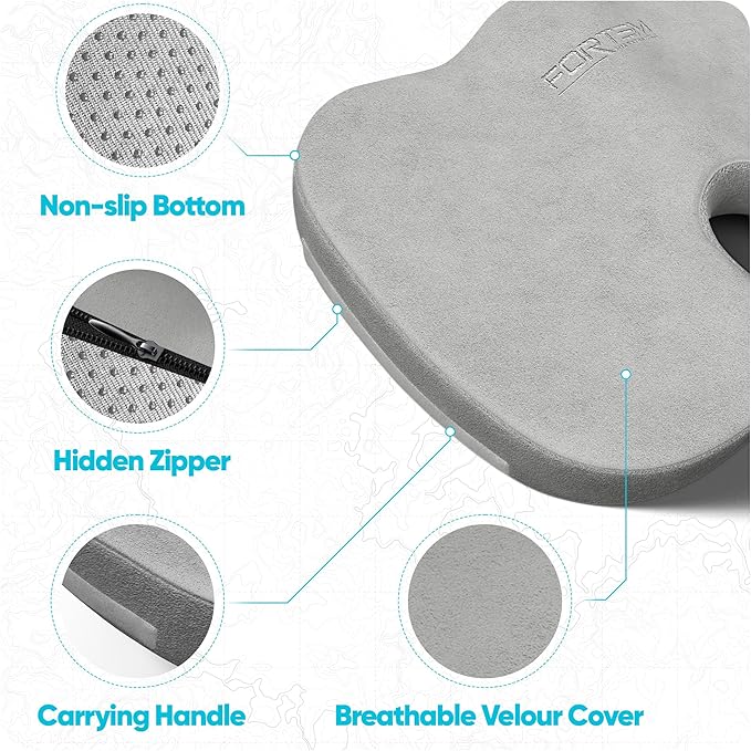 FORTEM Seat Cushion, Office Chair Cushion, Memory Foam Car Seat Cushions, Sciatica Coccyx Tailbone Pain Relief, Chair Cushions for Back Support, Sitting Pad for Gaming, Washable Cover, Non Slip