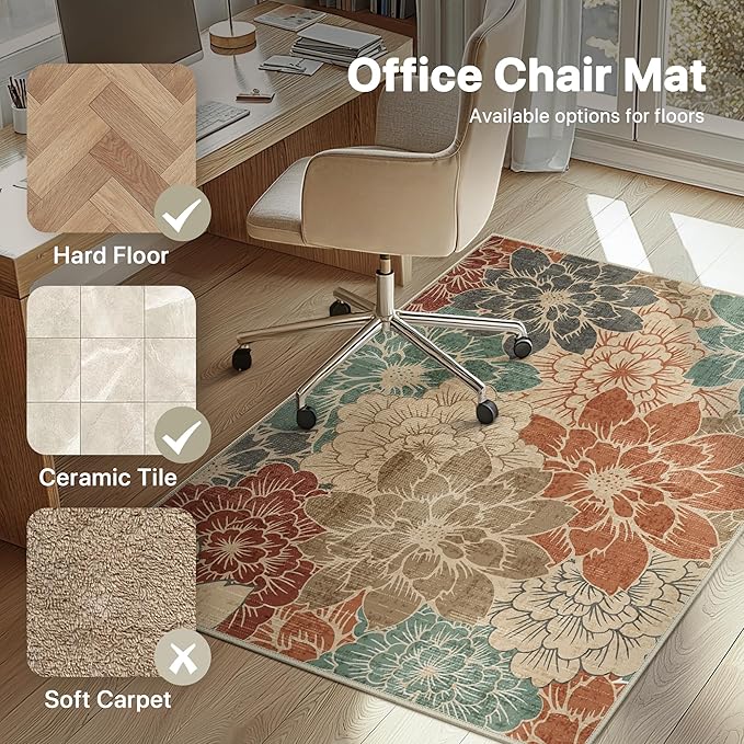 36"x48" Office Chair Mat for Hardwood Tile Floor, Under Desk Carpet Protector for Rolling Computer Chair Mat, Machine Washable Area Rug, Anti-Slip 1/5" Thick Low Pile Thin Vinyl Floor Mat, Terracotta