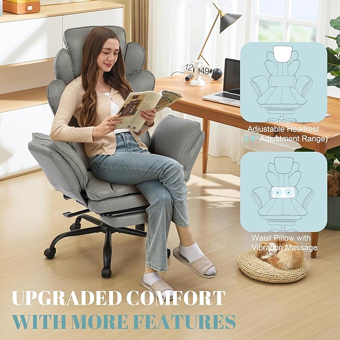 Big and Tall Office Chair, Flip Armrests Criss Cross Office Chair, Reclining Desk Chair with Foot Rest, Adjustable Headrest, Massage Waist Pillow Cross Legged Wide Seat Vanity Chair, PU Leather Grey