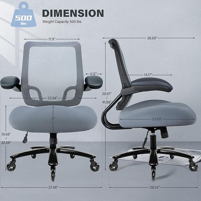 Kassipo 500LBS Big and Tall Office Chair with Flip-Up Armrests, Heavy Duty Office Chair for Heavy People, Memory Foam Seat Filling Springs, Grey