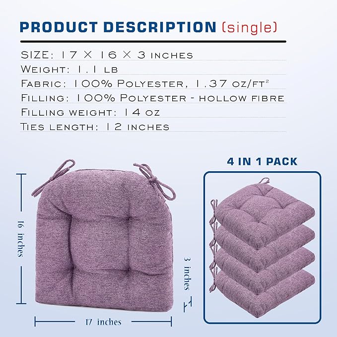 SQUARE MOON D-Shaped 3" Thick Chair Cushions, Chair Pads for Dining Chairs and Kitchen Chairs, Indoor Dining Room Seat Cushions with Ties, Machine Washable, 17" x 16" x 3", 4/Pack, Light Purple
