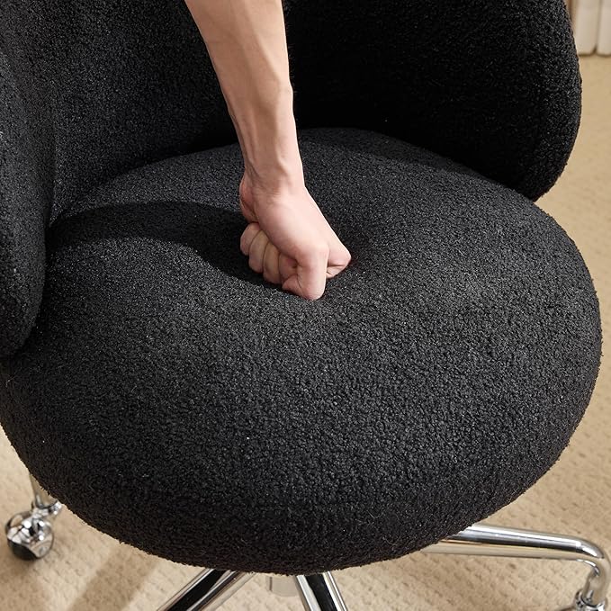 VINGLI Cute Small Swivel Desk Chair Comfy with Wheels,Ergonomic Low-Back Lumbar Support Vanity Nail Tech Rolling Task Stool Chair for Home Office,Height Adjustable,Teddy Fleece,Black