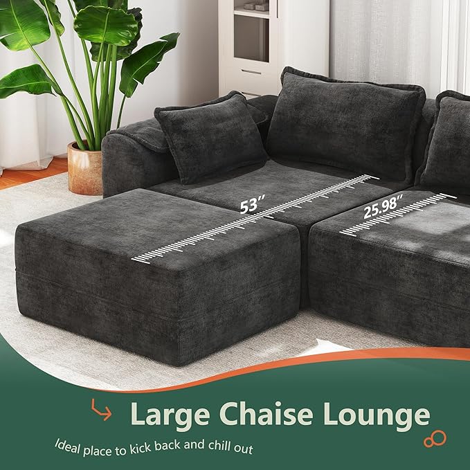 Hobestluk Cloud Single Sofa with Ottoman Memory Foam Couch with Deep Seat L Shaped Sofa with Removable Cover Large Couch for Living Room (Dark Grey, Single Sofa with One Ottoman)