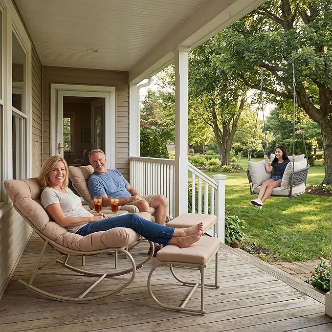 Outdoor Rocking Chairs Set of 2, Modern Papasan Rocking Chairs with Cushions, Upholstered Patio Rocking Chairs with Foot Rest, Cozy Metal Outdoor Lounge Rockers Recliner for Indoor, Khaki