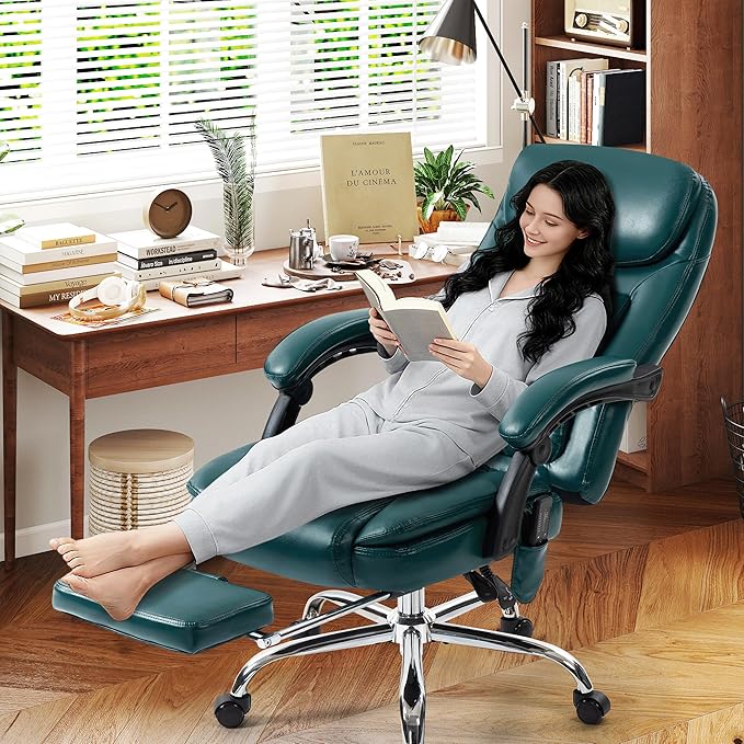 500LBS Massage Office Chair, 6 Points Vibration & Heat Executive Office Chairs, 135°Reclining Comfy Desk Chair with Foot Rest, Wider & Thicker Seat Cushion, PU Leather Big and Tall Gaming Chair, Green