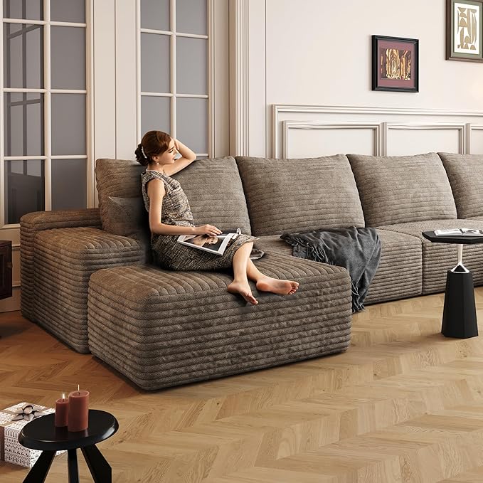 135" Corduroy Couch Sectional with Chaise, L Shape Boneless Cloud Couches for Living Room Bedroom, Modular Corner Couch, Fluffy Deep Seat Compression Sofa, Left Facing Chaise, No Assembly, Camel