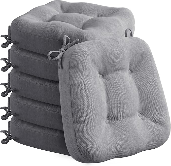 Codi 6 Pack Dining Chair Cushions, Thick Chairs Pads for Indoor Kitchen Room - Washable, Non-Slip Memory Foam Seat Cushion with Ties, 16.5"x16.5"x 3.5", Set of 6, Grey New