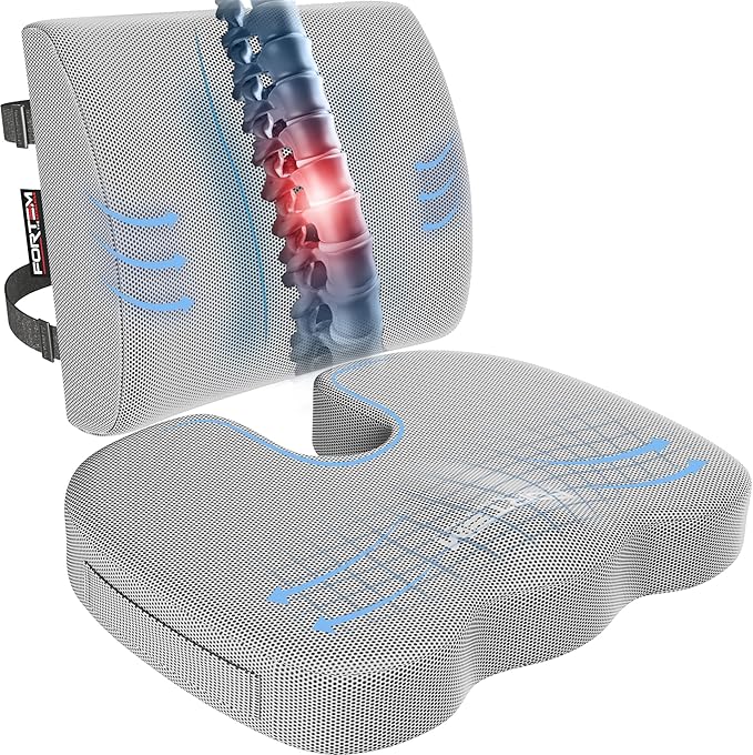 FORTEM Seat Cushion, Office Chair Cushion, Lumbar Support Pillow for Office Chair, Memory Foam Car Seat Cushions, Sciatica Coccyx Tailbone Pain Relief, Cushions for Back Support, Washable, Non Slip