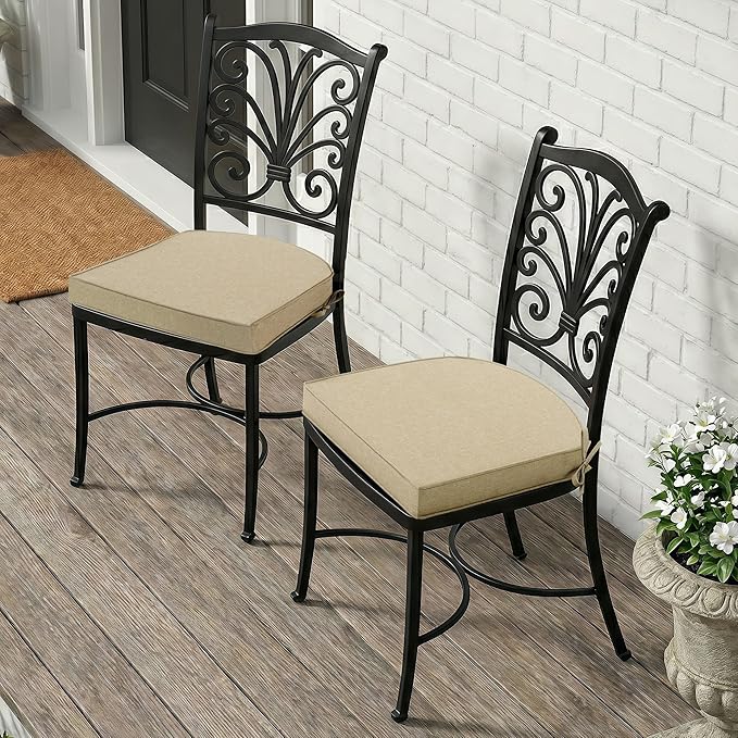 Outdoor Chair Cushions, Fade-Resistant & Water-Resistant, D Shaped Patio Furniture Seat Chair Pads Replacement with Ties, Non-Slip Bottom, Removable Cover, Set of 6, 19 x 19 Inch, Natural