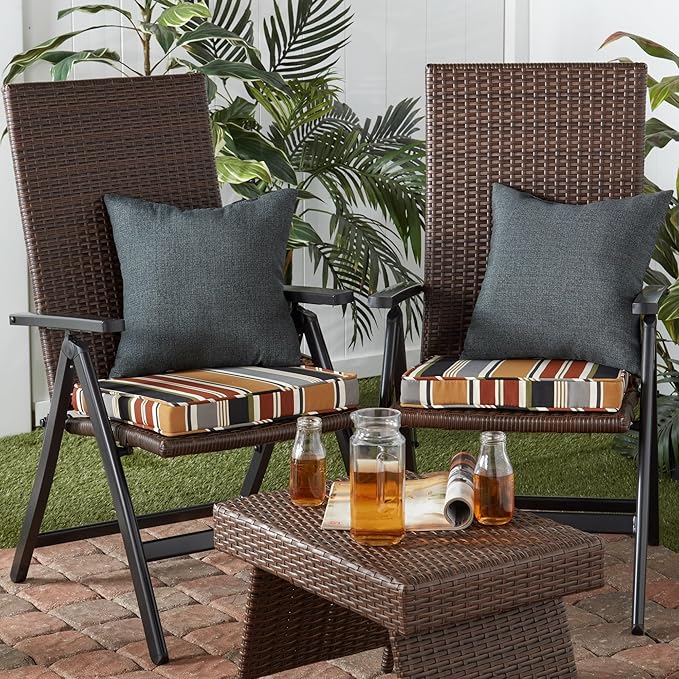 Outdoor 18 inch Square Patio Dining Chair Pads – Comfortable Fiber-Filled Seat Cushions with Ties, Reversible Polyester Fabric - Brick Stripe, Set of 4