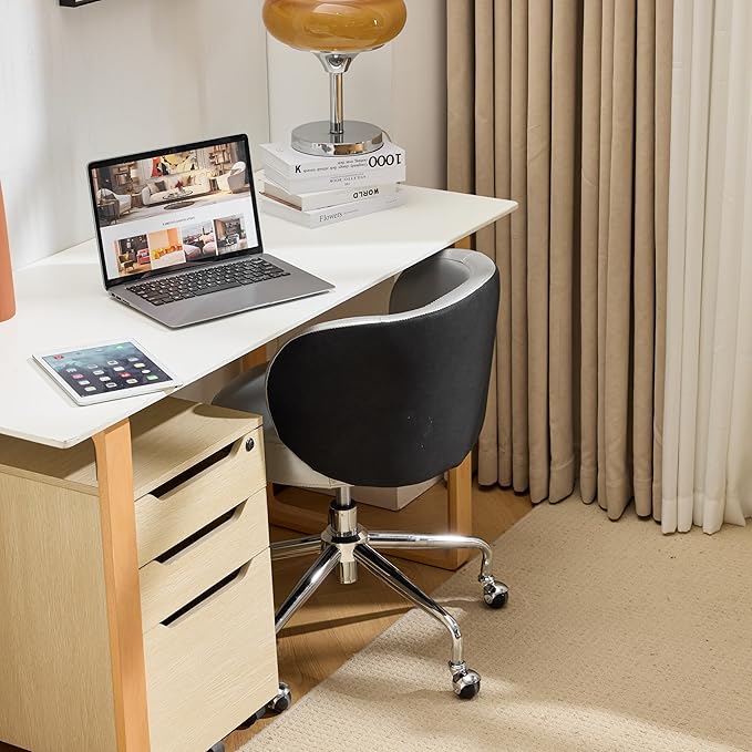 VINGLI Cute Small Swivel Desk Chair Comfy with Wheels,Ergonomic Low-Back Lumbar Support Vanity Nail Tech Rolling Task Stool Chair for Home Office,Height Adjustable,PU Leather Silver&Suede Black