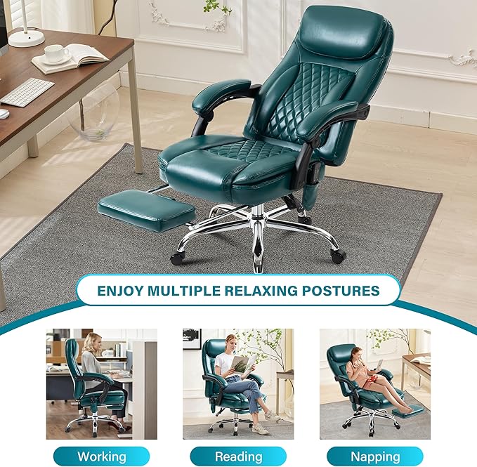 6-Point Massage Office Chair with Heated, Ergonomic Office Chair with Footrest & 45°Reclining High Back, Big and Tall Executive Office Chair 500LBS, Thick Cushion Desk Chair for Home Office, Green(PU)