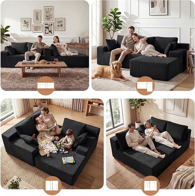 GRUSIGN Cloud Sectional Boneless Couches for Living Room, Modular L Shaped Couch with Deep Seat Oversized Left Facing Chaise, Memory Foam Compressed Spineless 3 Seater Sofa for Apartment, Black | No Assembly Required, Deep Seat, Cat-Claw Resistant, Hig...