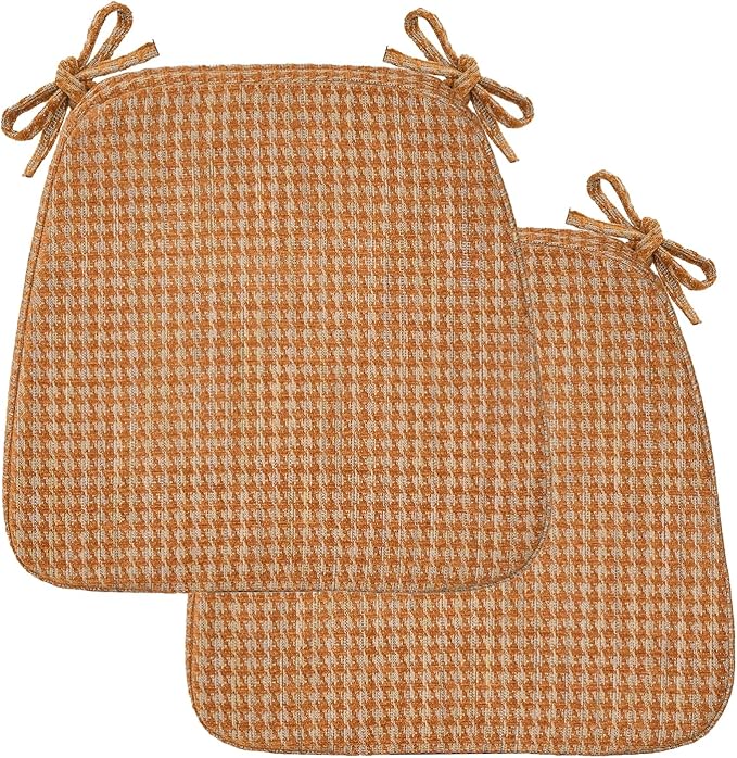 2'' Thick High-Density Foam Indoor Chair Cushions | Dining Chair Pads with Ties, Removable Washable Cover, Kitchen Chair Cushions 17"x16", Orange Plaid 2 Pack