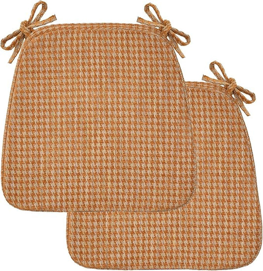 2'' Thick High-Density Foam Indoor Chair Cushions | Dining Chair Pads with Ties, Removable Washable Cover, Kitchen Chair Cushions 17"x16", Orange Plaid 2 Pack