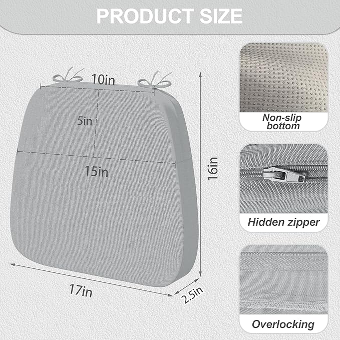 17'' x 16'' x 2.5"Thick Chair Cushions for Dining Chairs, 6 Pack WaterProof Easy Clean Kitchen Chair Pads with Ties and Non-Slip Backing - 30D High Elastic Foam Soft Kitchen Chair Cushions
