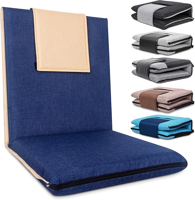 FASTMOMENT 14-Position Adjustable Floor Chair with Back Support - Portable Gound Seating for Adults & Kids, Foldable Meditation Chair with Japanese KOYO Bearings & Washable Linen Cover (Blue)