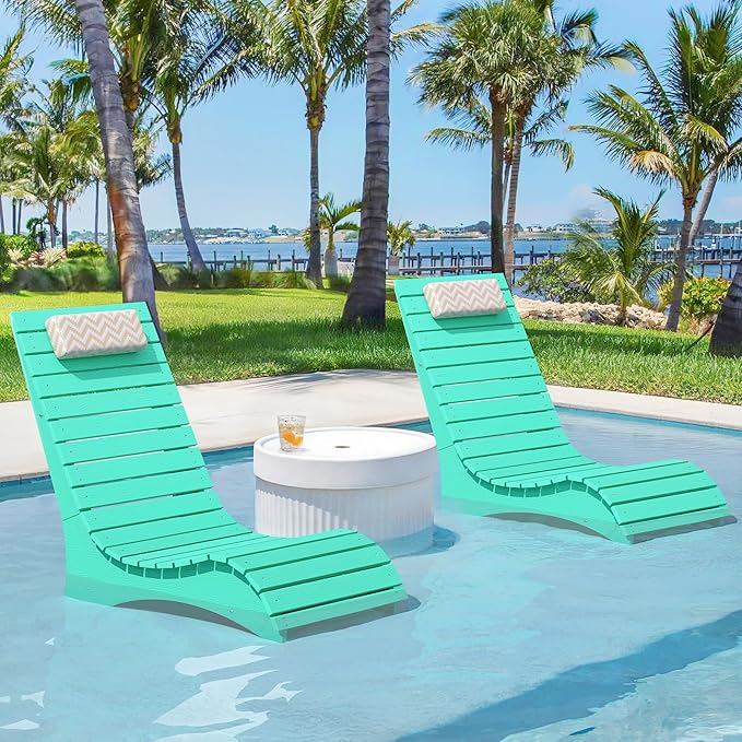 HDPS Pool Lounge Chairs Set of 2, Use in Pools Lounge Chairs up to 10-Inches of Water, Chaise Chairs with Headrest, Lounge Chair Outdoor, Fade-Resistant Pool Lounger for Deck