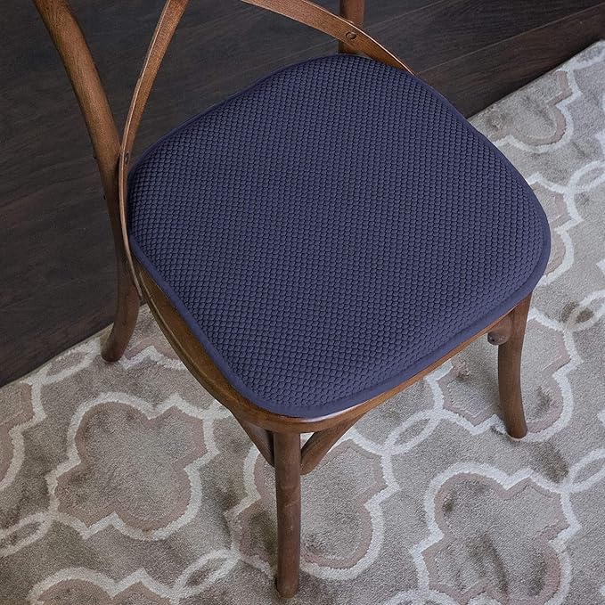 Sweet Home Collection Memory Foam Chair Cushion Honeycomb Pattern Solid Color Slip Non Skid Rubber Back Ultimate Comfort and Softness Rounded Square 16" x 16" Seat Cover,2 Pack,Navy Blue, 2 Piece