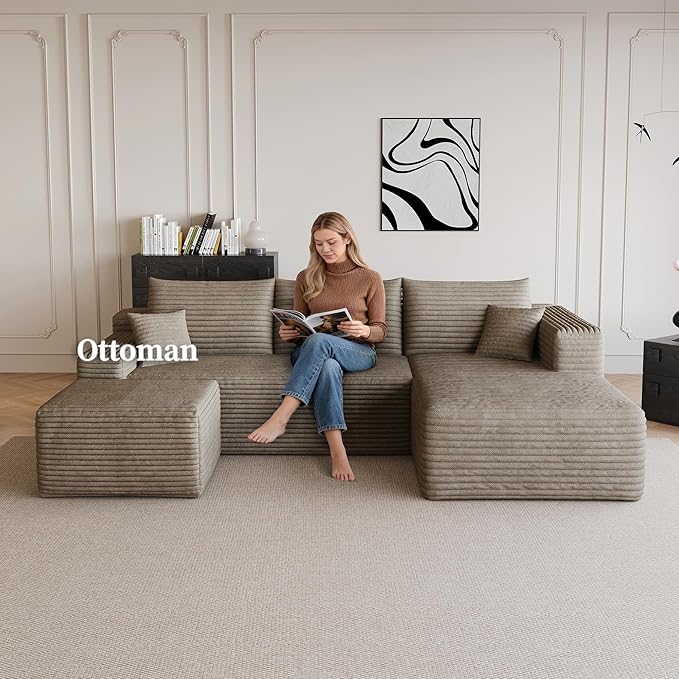 25.6" Ottoman Foot Rest for Couch，Plush Corduroy Rectangle Ottomans,Upholstered Memory Foam Couches Ottomans - Compressed Sofa in a Box No Assembly Require,Camel