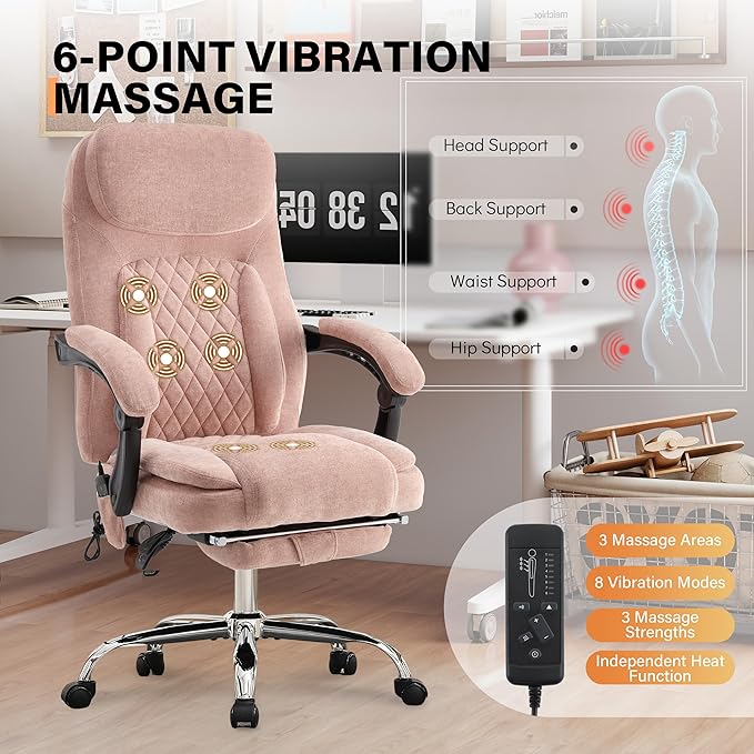 500LBS Massage Office Chair, 6 Points Vibration & Heat Executive Office Chairs, 135°Reclining Comfy Desk Chair with Foot Rest, Wider & Thicker Seat Cushion, Fabric Big and Tall Gaming Chair, Pink