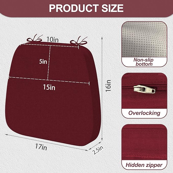 17'' x 16'' x 2.5"Thick Chair Cushions for Dining Chairs, 4 Pack WaterProof Easy Clean Kitchen Chair Pads with Ties and Non-Slip Backing - 30D High Elastic Foam Soft Kitchen Chair Cushions
