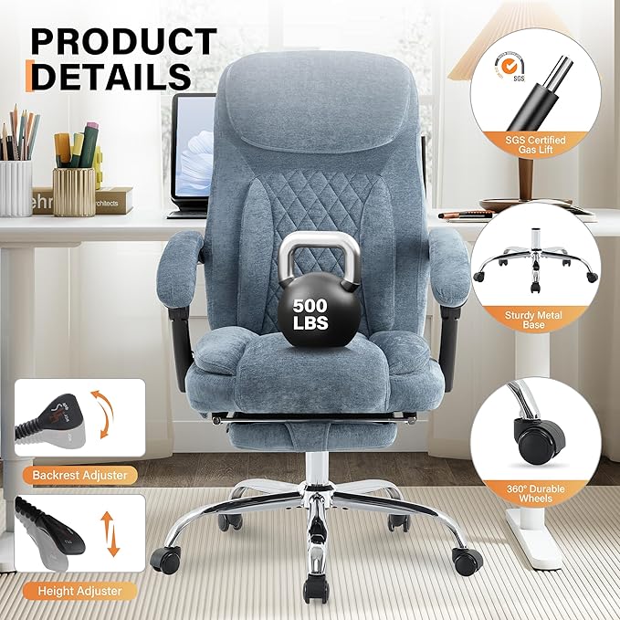500LBS Massage Office Chair, 6 Points Vibration & Heat Executive Office Chairs, 135°Reclining Comfy Desk Chair with Foot Rest, Wider & Thicker Seat Cushion, Fabric Big and Tall Gaming Chair, Blue