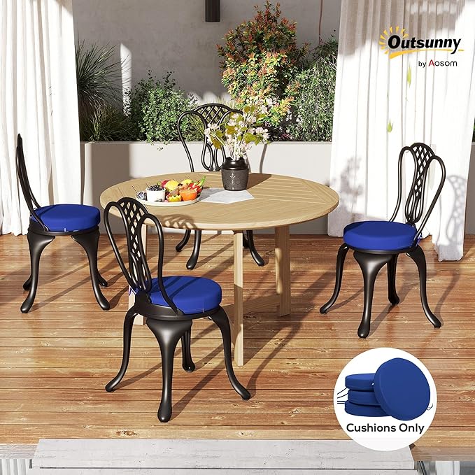 Outsunny Outdoor Bistro Chair Cushions Set of 4 with Machine Washable Cover, 15" x 15" x 3" Thick Round Seat Cushions for Patio Furniture with Ties, Chair Pads for Dining Chairs, Navy Blue