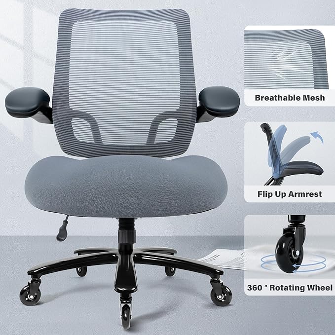 Kassipo 500LBS Big and Tall Office Chair with Flip-Up Armrests, Heavy Duty Office Chair for Heavy People, Memory Foam Seat Filling Springs, Grey
