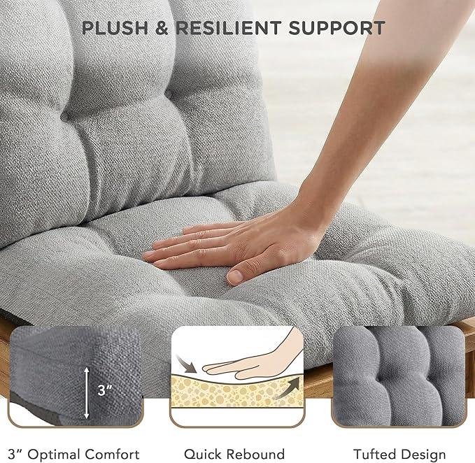 Codi Rocking Chair Cushions Indoor, Water Resistant Glider Rocker Replacement Cushion Set for Patio Porch Garden - Fits Most Standard Rockers, Grey 2PK