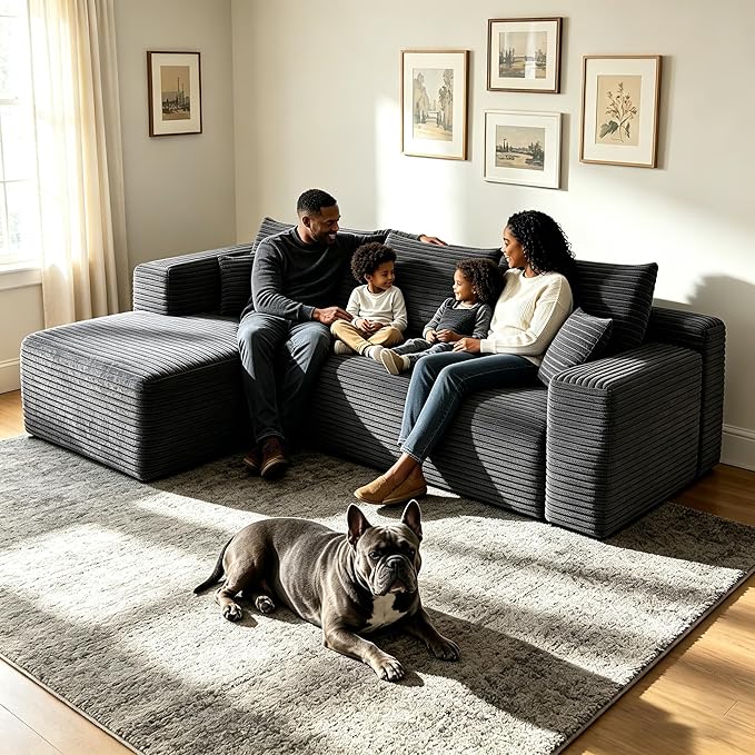 94" Darkgrey Boneless Couch with Left Facing Chaise for Living Room,Corduroy L-Shaped Sectional Couches,Compressed Memory Foam Cloud Sofa,No Assembly Required,Darkgrey