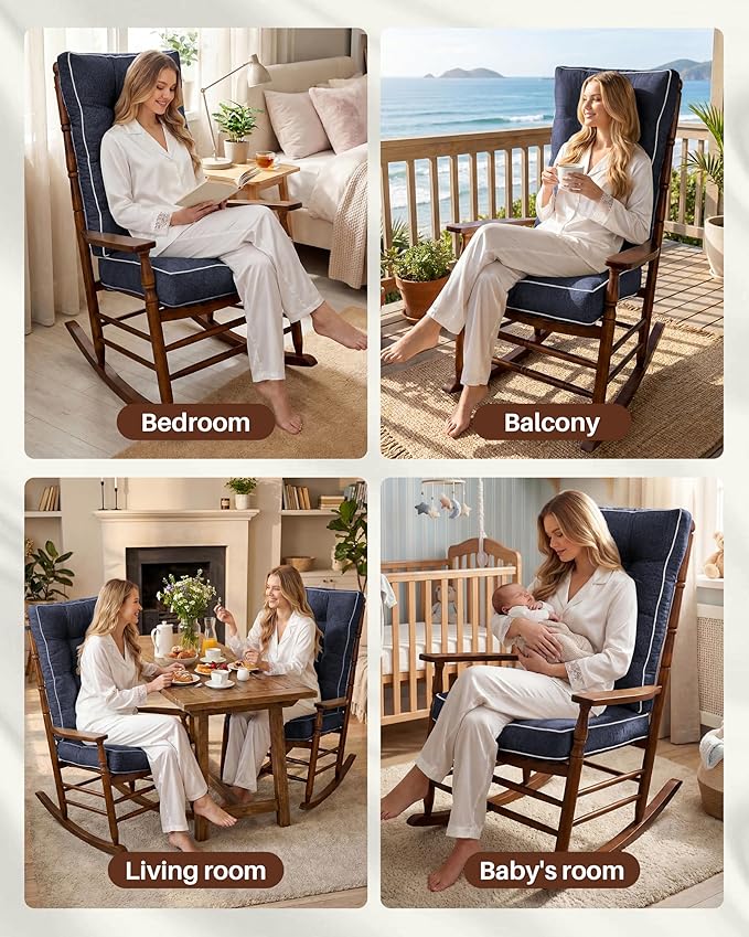 Rocking Chair Cushions Indoor, 5-inch Thicken Seat Cushion with Memory Foam Non-Slip Tufted Chair Pads Set of Seat & Back Cushion for Outdoor Rocker Living Room, Dark Blue, 22x17x5/17x17x5