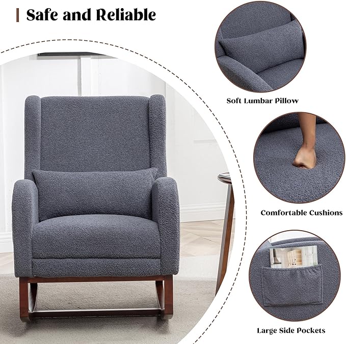 HCHAIRH Rocking Chair with Foot Rest,Teddy Nursery Rocking Chairs, Wingback Nursing Glider Rocker Chair with Pillow and High Back for Nursery, Living Room, Bedroom, Dark Grey