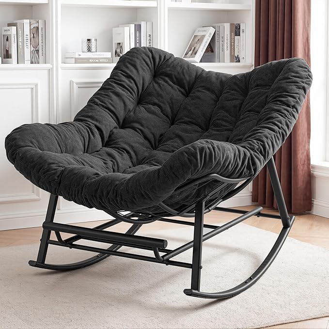 Oversized Rocking Chair Indoor with Foot Rest, Papasan Rocking Chair Outdoor, Lounge Chair with Cushion, Patio Egg Rocker Chairs, Comfy Reading Chairs for Living Room,Garden, Lawn, Dark Grey