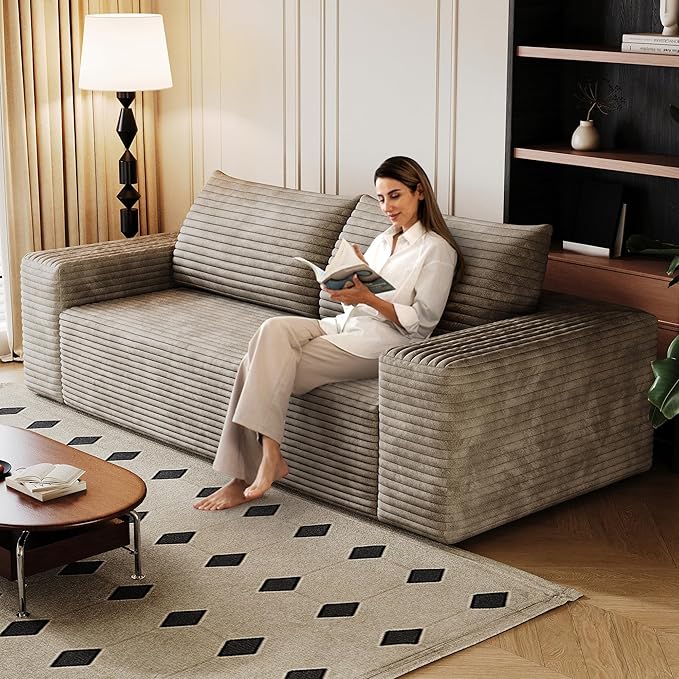 JINGLING 63" Small Couches for Small Spaces, Comfy Boneless Couch in a Box, Love Seat Compressed Sofa for Living Room Bedroom, Apartment Furniture, No Assembly, Corduroy, Camel