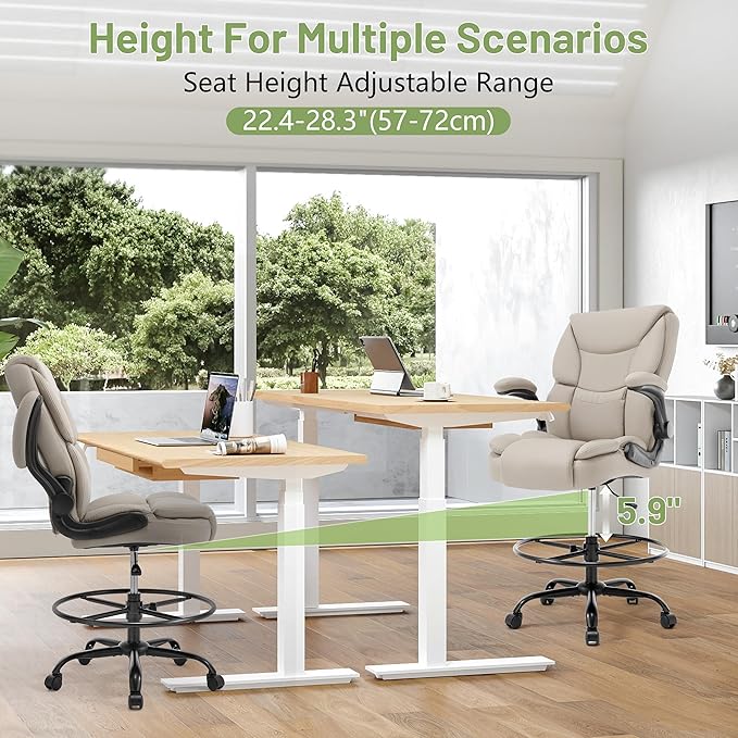 500LBS Drafting Chair, High Back Safer Standing Desk Chair, Executive Tall Office Chair with Flip-up Armrests, Upholstered PU Leather Task Chair, Ergonomic Seat with Adjustable Height&Foot Ring,Beige