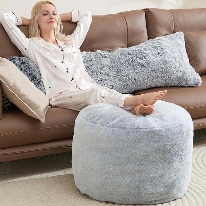 WSOFRLAC Boho Ottoman Living Room Furniture 26"x18" Large Round Ottomans Pouf Couch Foot Rest Grey Pouf Ottoman Foot Rest with Foam Chunk Filling Pouffe Ottomans Stuffed Foot Rest Poufs for Couch