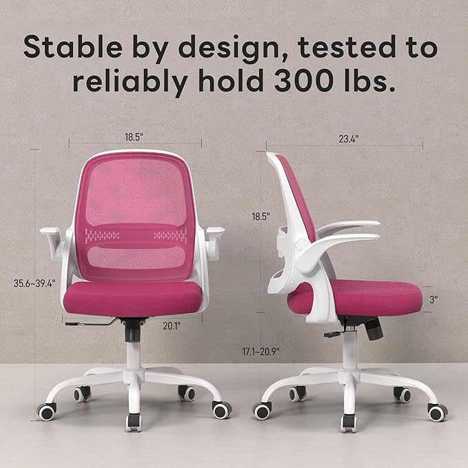 amseatec Office Chair，Ergonomic Mesh Desk Chair,Flip-Up Arms,Adjustable Height,Breathable Mesh Back & Thick Cushion Seat,360°Swivel Rolling Computer Chair,BIFMA Certified,Supports 300 lbs(Pink)