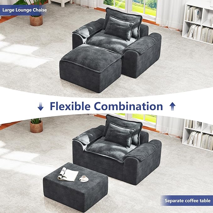 Hobestluk Cloud Single Sofa with Ottoman Memory Foam Couch with Deep Seat L Shaped Sofa with Removable Cover Large Couch for Living Room (Blue Grey, Single Sofa with One Ottoman)