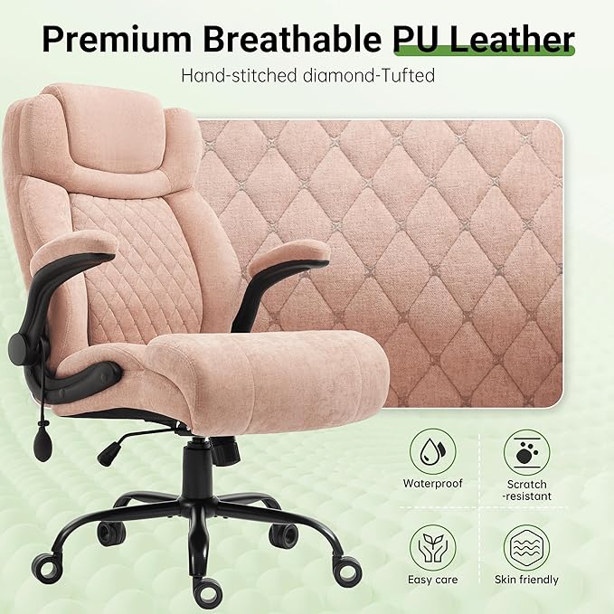 Office Chair, Big and Tall Executive Chairs with Lumbar Support for Back Pain, Breathable Fabric Desk Computer Chair with Adjustable Flip-up Armrests,Wide Cushion Swivel Home Office Chair Black,Pink