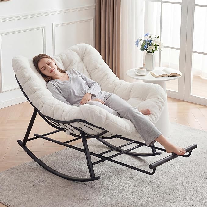 Oversized Rocking Chair Indoor with Foot Rest, Papasan Rocking Chair Outdoor, Lounge Chair with Cushion, Patio Egg Rocker Chairs, Comfy Reading Chairs for Living Room, Garden, Lawn, White
