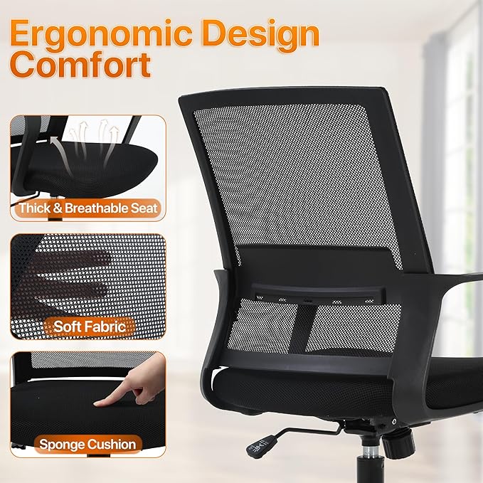 Ergonomic Office Chair, Comfortable Home Desk Chair, Breathable Mesh Back Computer Chair and Lumbar Support, Adjustable Height, Sponge Seat, Black