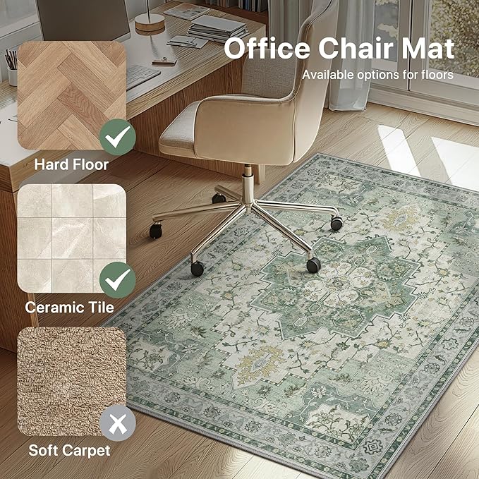 48"x60" Office Chair Mat for Hardwood Tile Floor, Under Desk Carpet Protector for Rolling Computer Chair Mat, Machine Washable Area Rug, Anti-Slip 1/5" Thick Low Pile Thin Vinyl Floor Mat, Green