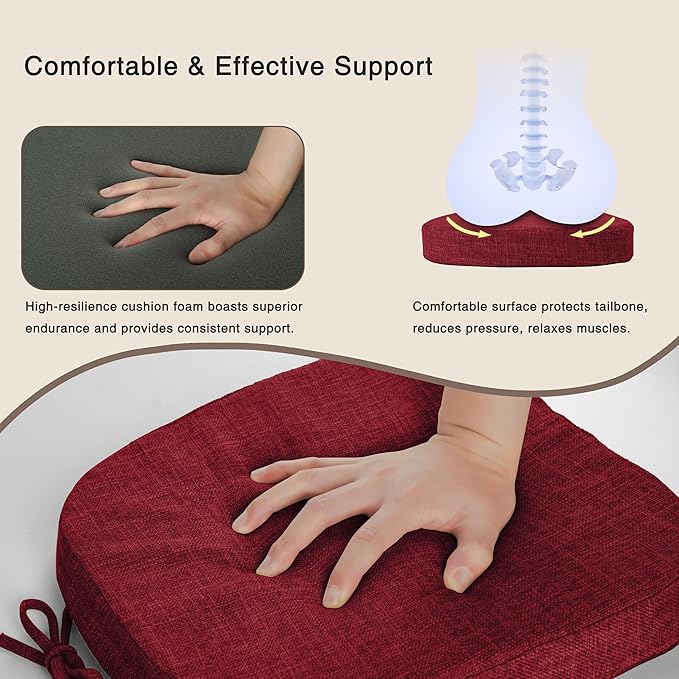 OVOV 14x14 Chair Cushions for Metal Dining Chairs Set of 4 Non Slip Thick Textured Chair Pads for Dining Chairs with Ties and Removable Cover (4, Red)