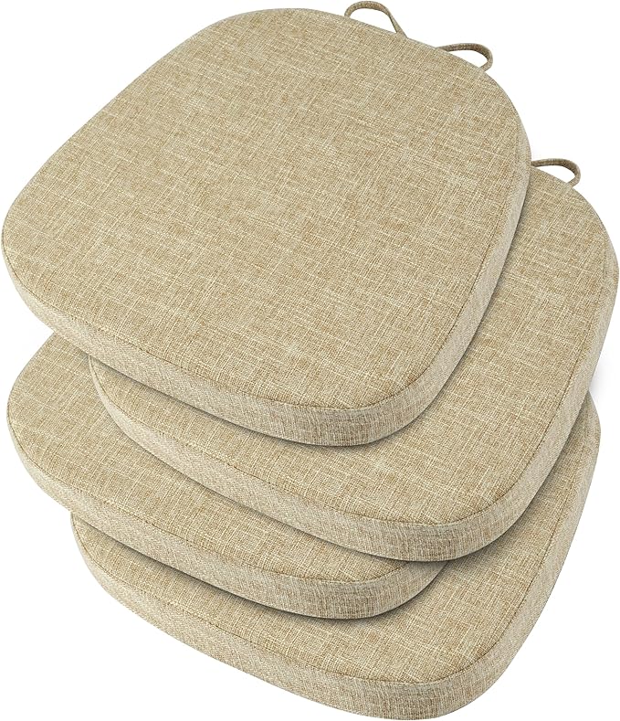 OVOV 14x14 Chair Cushions for Metal Dining Chairs Set of 4 Non Slip Thick Textured Chair Pads for Dining Chairs with Ties and Removable Cover (4, Beige)