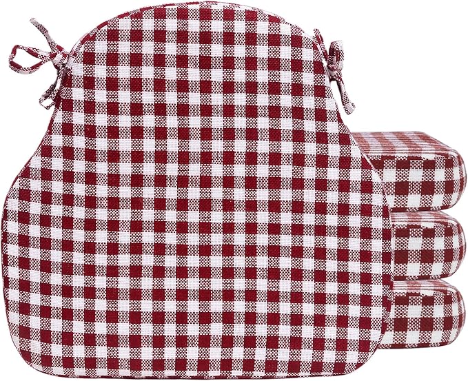 Burgundy Gingham Winsor Chair Cushions with Ties, Foam Dining Kitchen Chair Seat Pads Non Slip Removable Washable 17"x16" Set of 4