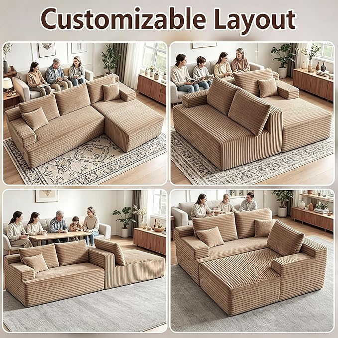 94" Camel Boneless Couch with Right Facing Chaise for Living Room, Corduroy L-Shaped Sectional Couches,Compressed Memory Foam Cloud Sofa,No Assembly Required,Camel
